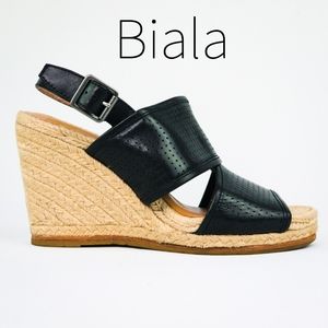 Biala |NEW| Black Leather Perforated Wedge Sandals